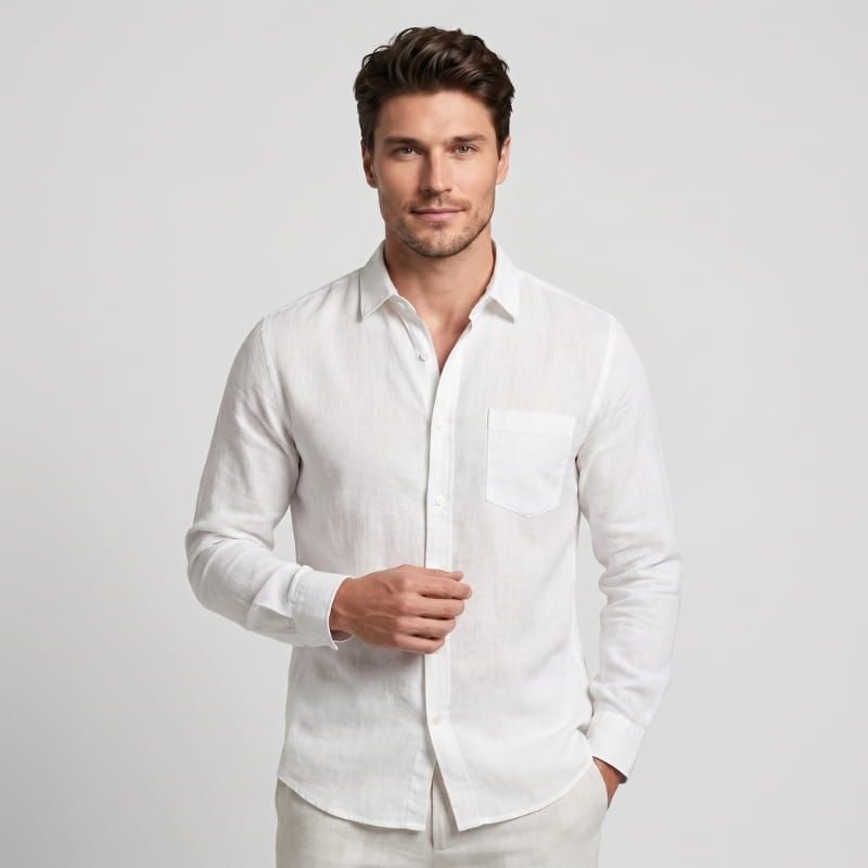 Oliver Long Sleeve Linen Shirt – Chest Pocket Spread Collar  Relaxed Button-Down Casual Top
