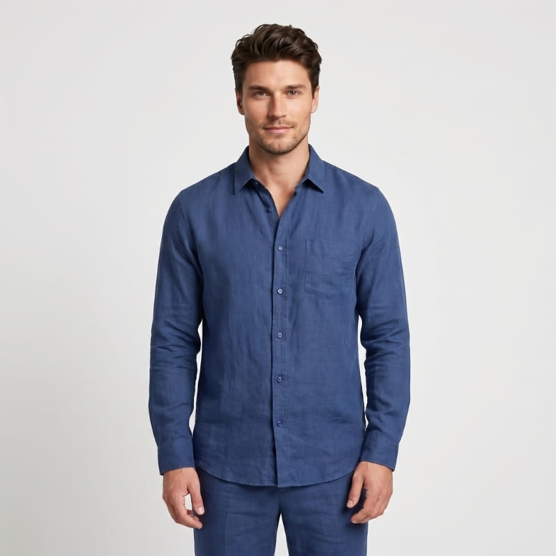 Oliver Long Sleeve Linen Shirt – Chest Pocket Spread Collar  Relaxed Button-Down Casual Top