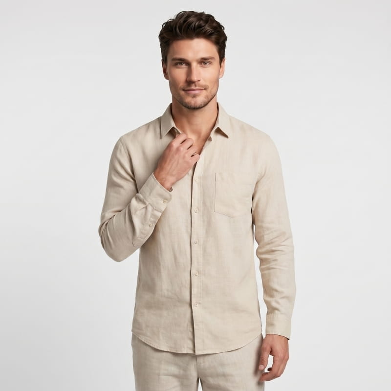 Oliver Long Sleeve Linen Shirt – Chest Pocket Spread Collar  Relaxed Button-Down Casual Top