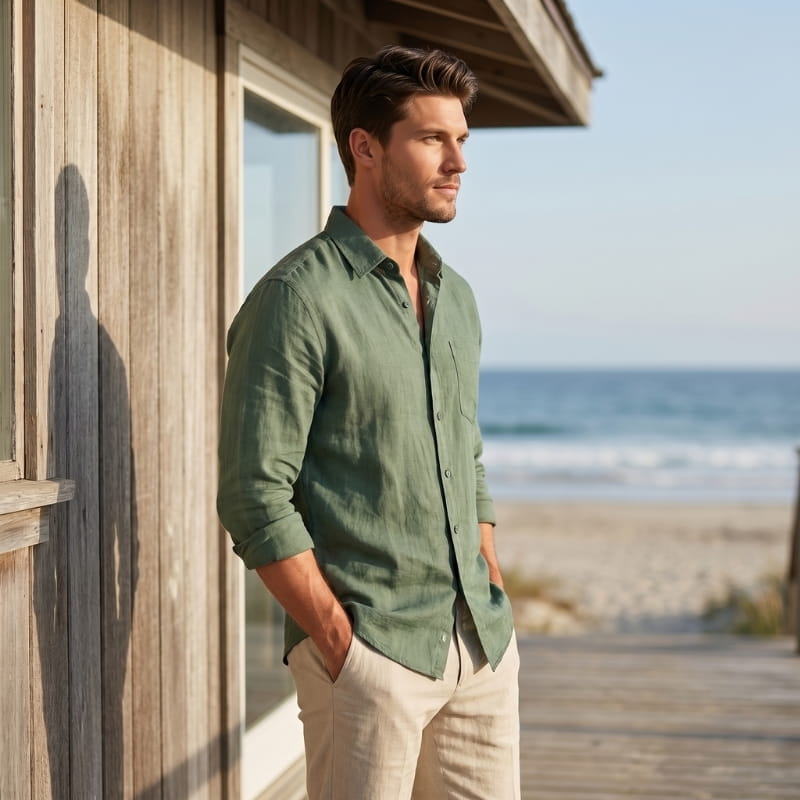 Oliver Long Sleeve Linen Shirt – Chest Pocket Spread Collar  Relaxed Button-Down Casual Top