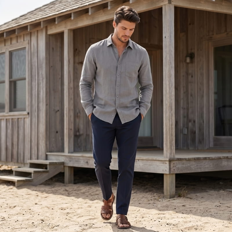 Oliver Long Sleeve Linen Shirt – Chest Pocket Spread Collar  Relaxed Button-Down Casual Top