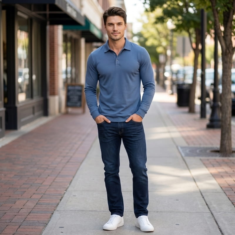 Orson Cotton Long Sleeve Polo Shirt – Open Collar Slim Fit Everyday Casual Top