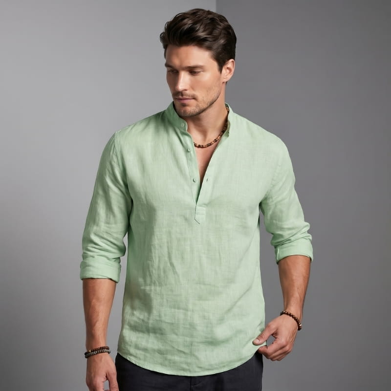 Arman Linen Blend Henley Shirt – Band Collar Roll-Tab Sleeve Relaxed Resort Casual Top