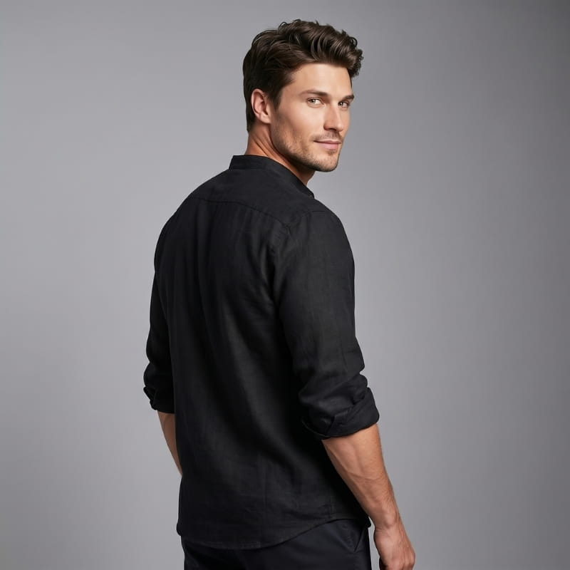 Arman Linen Blend Henley Shirt – Band Collar Roll-Tab Sleeve Relaxed Resort Casual Top