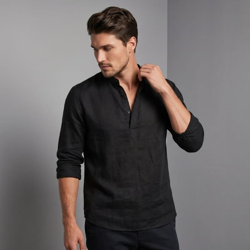 Arman Linen Blend Henley Shirt – Band Collar Roll-Tab Sleeve Relaxed Resort Casual Top