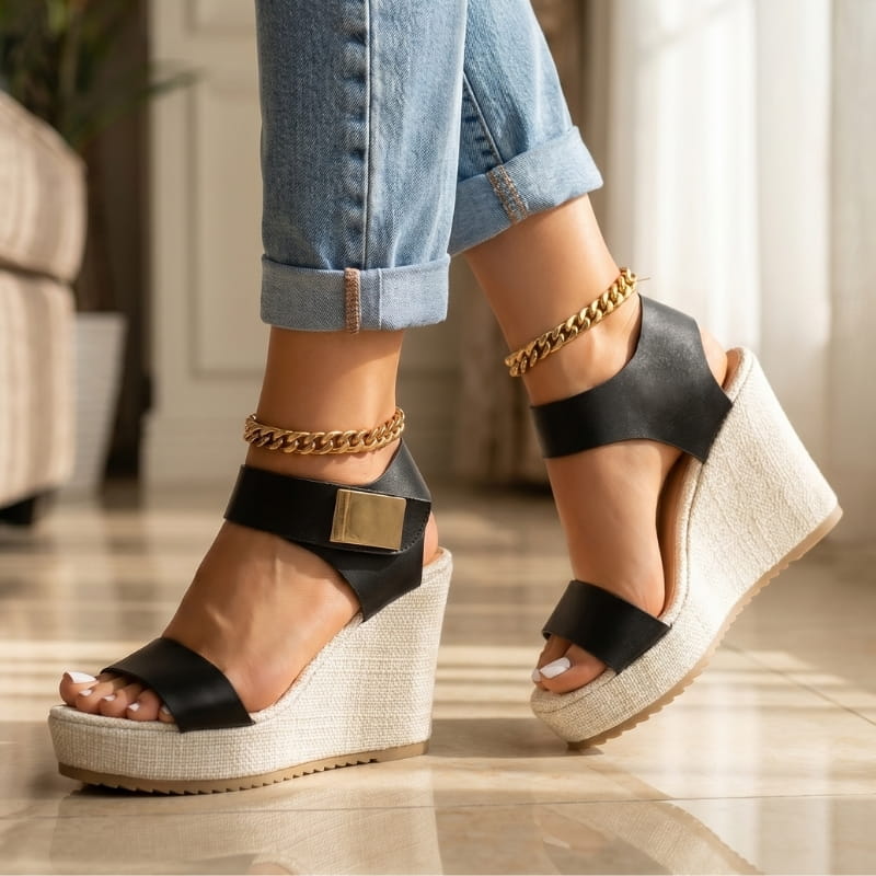 Adaline Colorblock Platform Wedge Sandals – Peep Toe Slingback Ankle Strap Heels