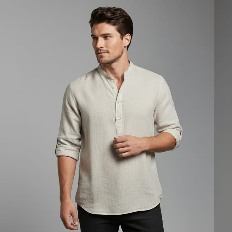 Arman Linen Blend Henley Shirt – Band Collar Roll-Tab Sleeve Relaxed Resort Casual Top