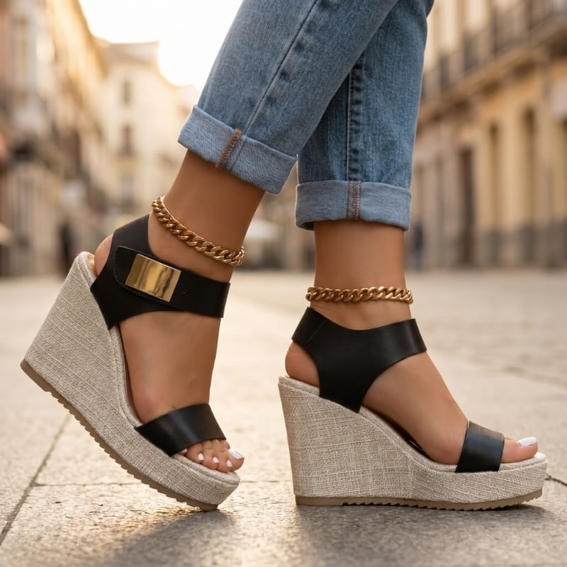 Adaline Colorblock Platform Wedge Sandals – Peep Toe Slingback Ankle Strap Heels