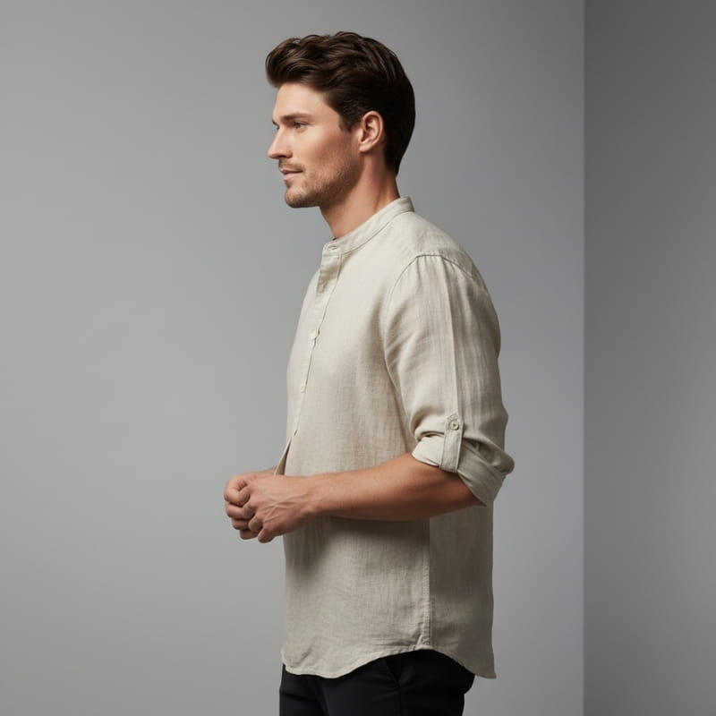 Arman Linen Blend Henley Shirt – Band Collar Roll-Tab Sleeve Relaxed Resort Casual Top