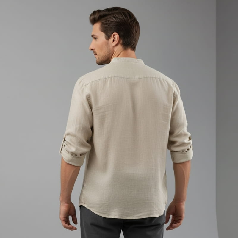Arman Linen Blend Henley Shirt – Band Collar Roll-Tab Sleeve Relaxed Resort Casual Top