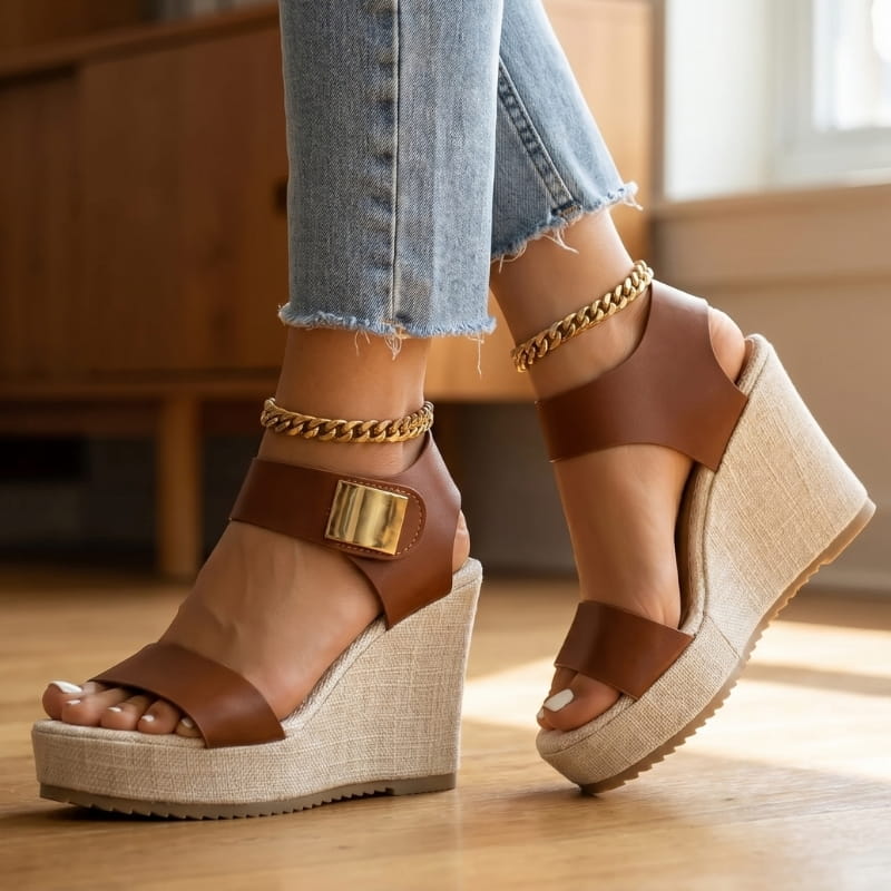 Adaline Colorblock Platform Wedge Sandals – Peep Toe Slingback Ankle Strap Heels