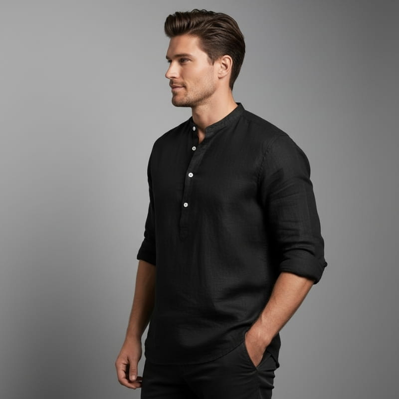 Arman Linen Blend Henley Shirt – Band Collar Roll-Tab Sleeve Relaxed Resort Casual Top
