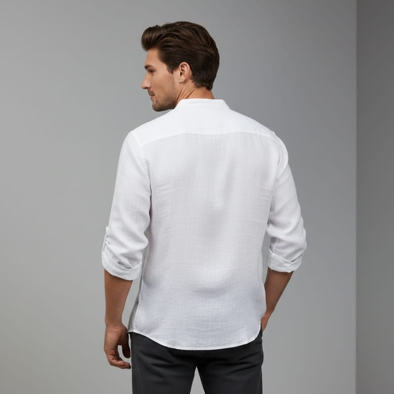 Arman Linen Blend Henley Shirt – Band Collar Roll-Tab Sleeve Relaxed Resort Casual Top