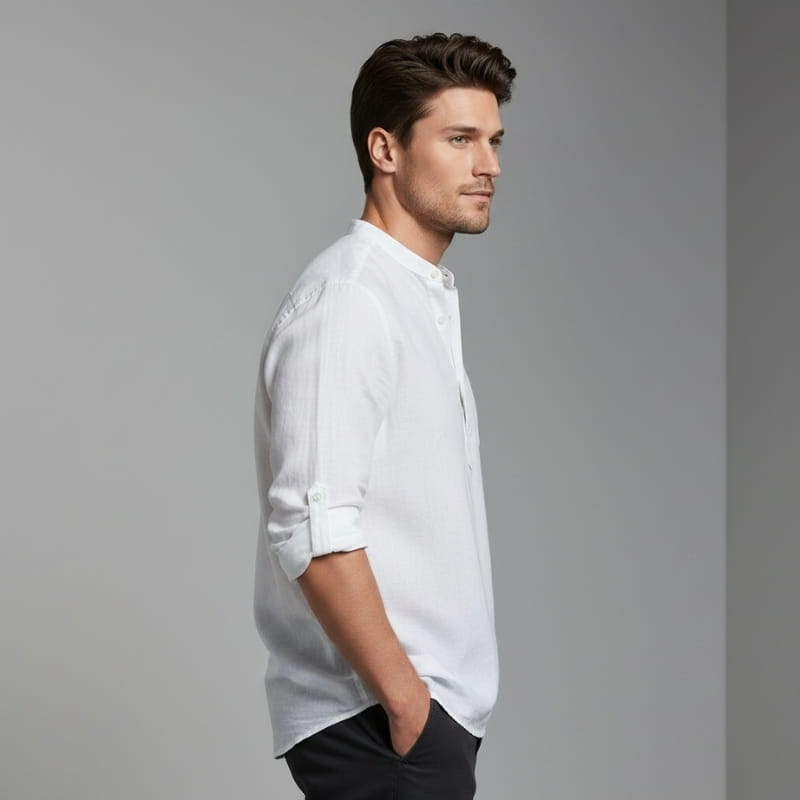 Arman Linen Blend Henley Shirt – Band Collar Roll-Tab Sleeve Relaxed Resort Casual Top