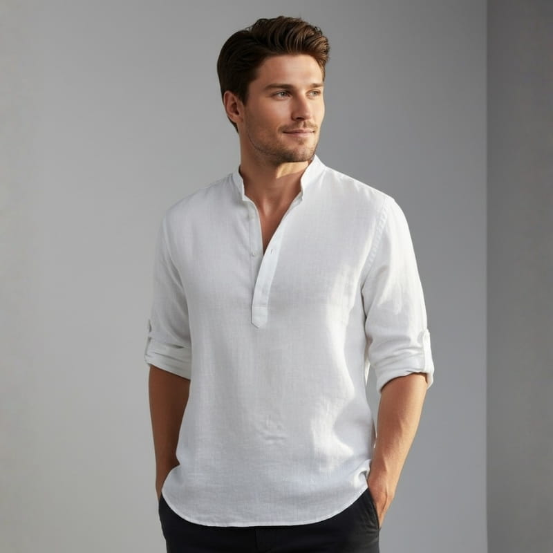 Arman Linen Blend Henley Shirt – Band Collar Roll-Tab Sleeve Relaxed Resort Casual Top