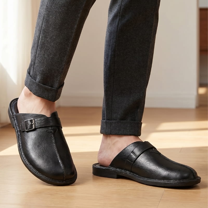 Flavio Supple Leather Mules – Buckle Detail Cushioned Flat Slip-On Footwear