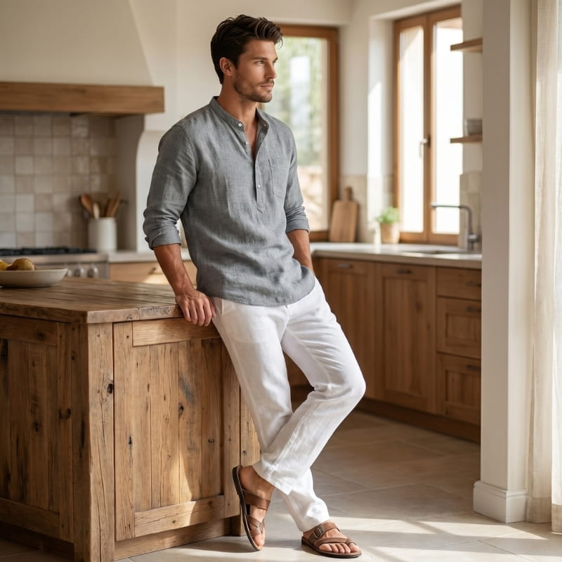 Arman Linen Blend Henley Shirt – Band Collar Roll-Tab Sleeve Relaxed Resort Casual Top