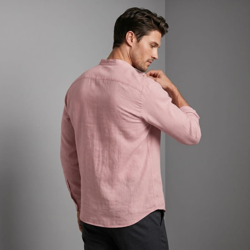 Arman Linen Blend Henley Shirt – Band Collar Roll-Tab Sleeve Relaxed Resort Casual Top