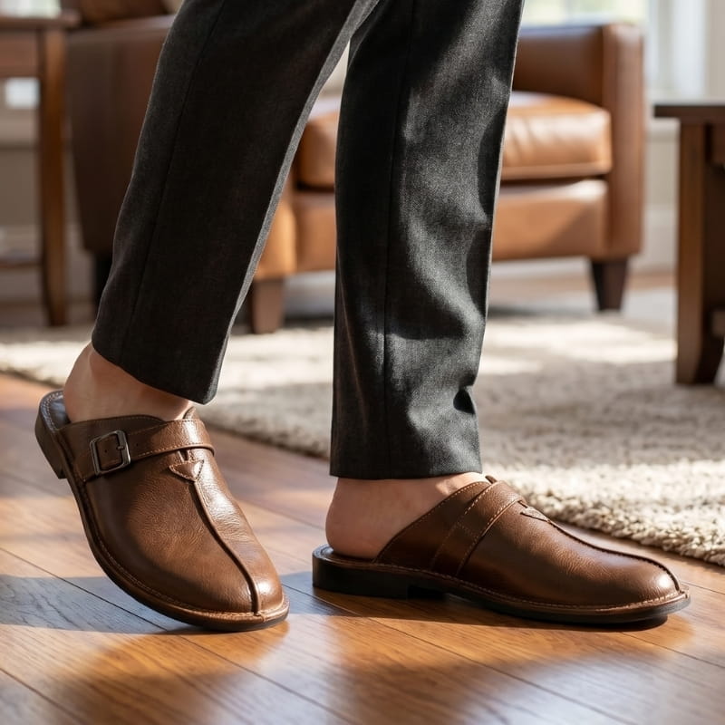 Flavio Supple Leather Mules – Buckle Detail Cushioned Flat Slip-On Footwear