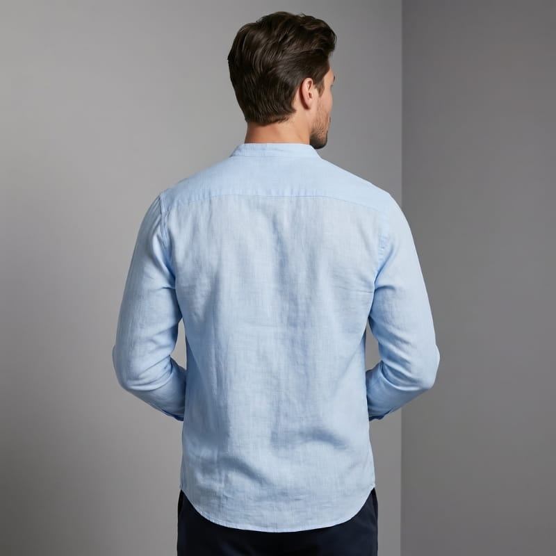 Arman Linen Blend Henley Shirt – Band Collar Roll-Tab Sleeve Relaxed Resort Casual Top