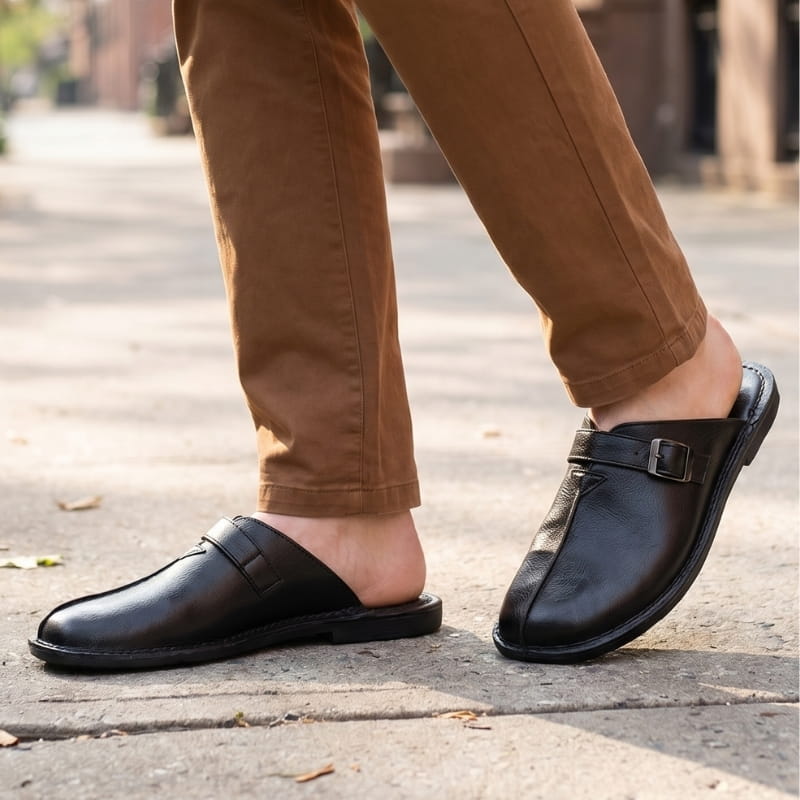 Flavio Supple Leather Mules – Buckle Detail Cushioned Flat Slip-On Footwear