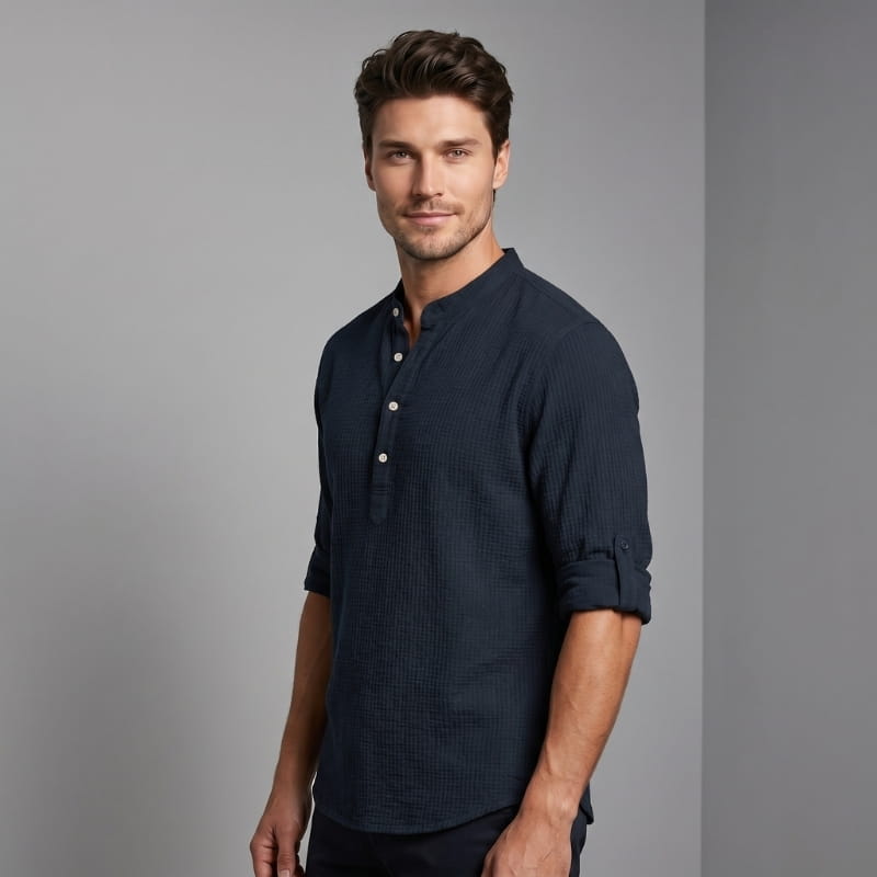 Niko Cotton Linen Henley Shirt – Button Neck Lightweight Tailored Casual Top