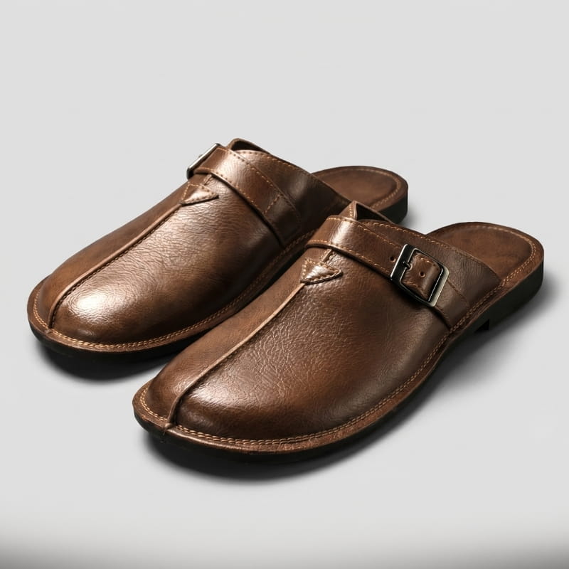 Flavio Supple Leather Mules – Buckle Detail Cushioned Flat Slip-On Footwear
