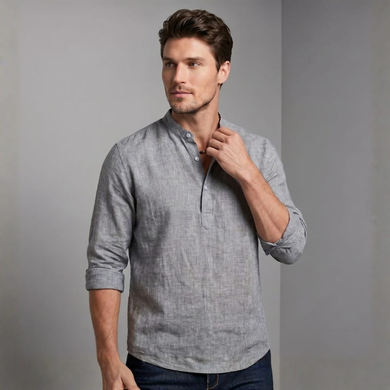 Arman Linen Blend Henley Shirt – Band Collar Roll-Tab Sleeve Relaxed Resort Casual Top