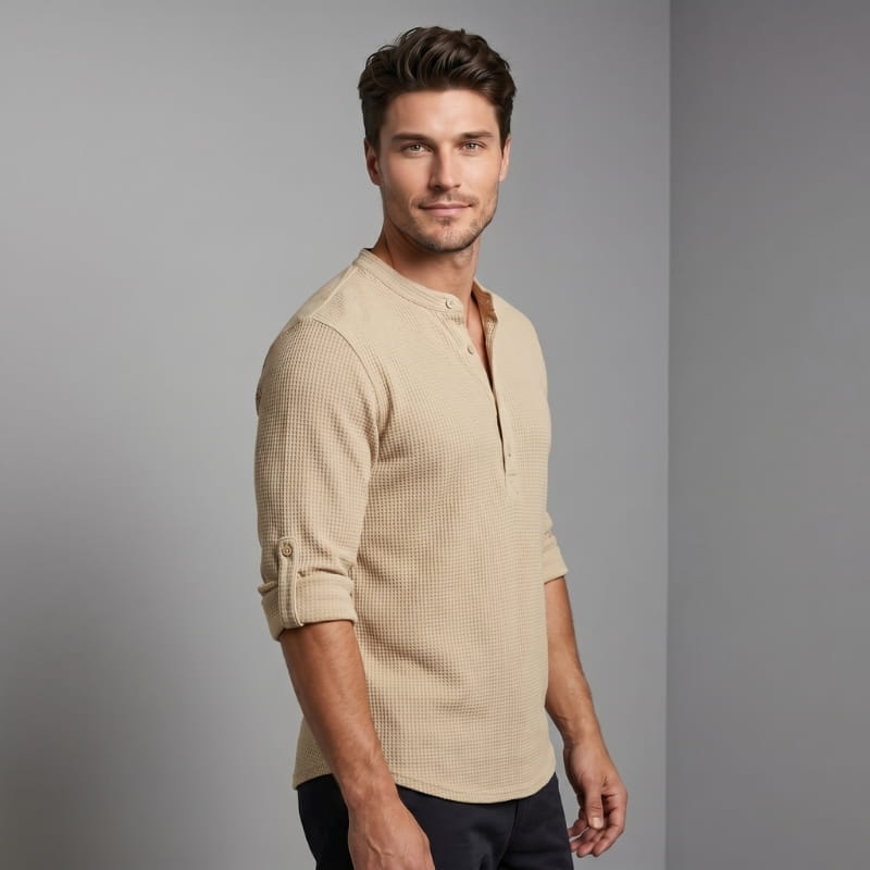 Niko Cotton Linen Henley Shirt – Button Neck Lightweight Tailored Casual Top