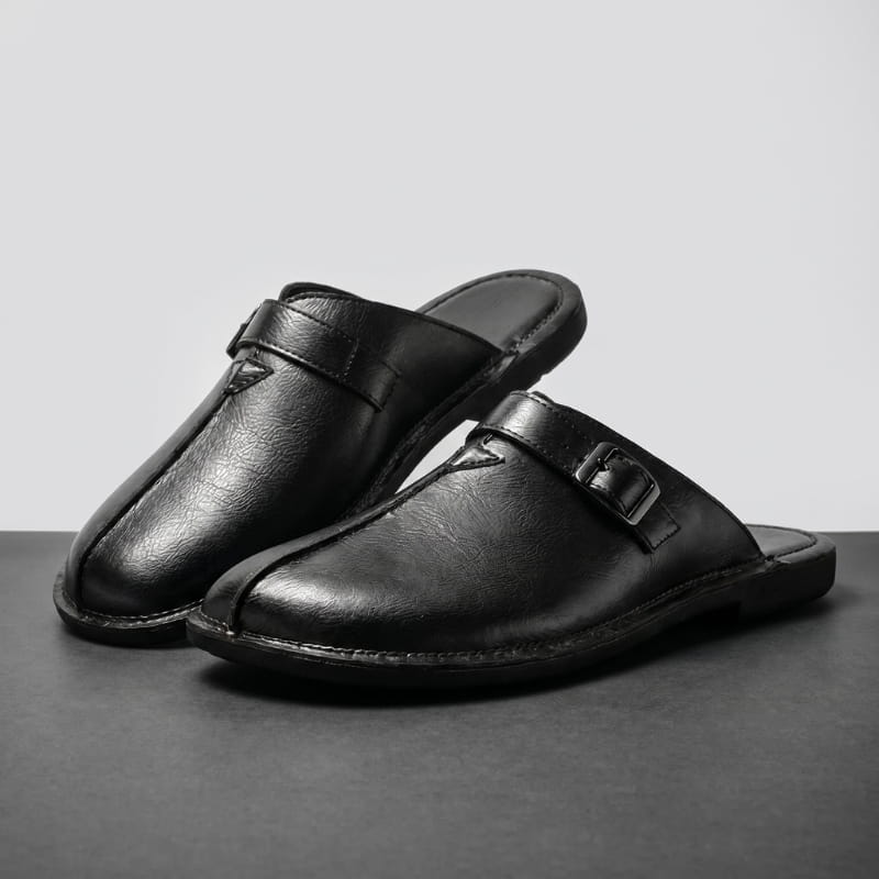Flavio Supple Leather Mules – Buckle Detail Cushioned Flat Slip-On Footwear