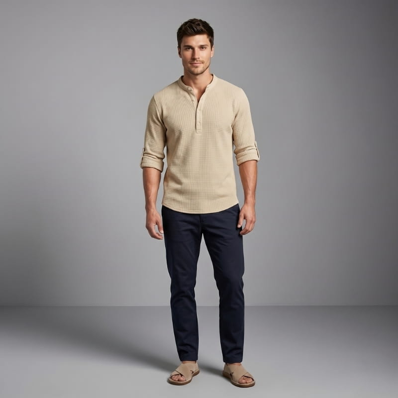 Niko Cotton Linen Henley Shirt – Button Neck Lightweight Tailored Casual Top