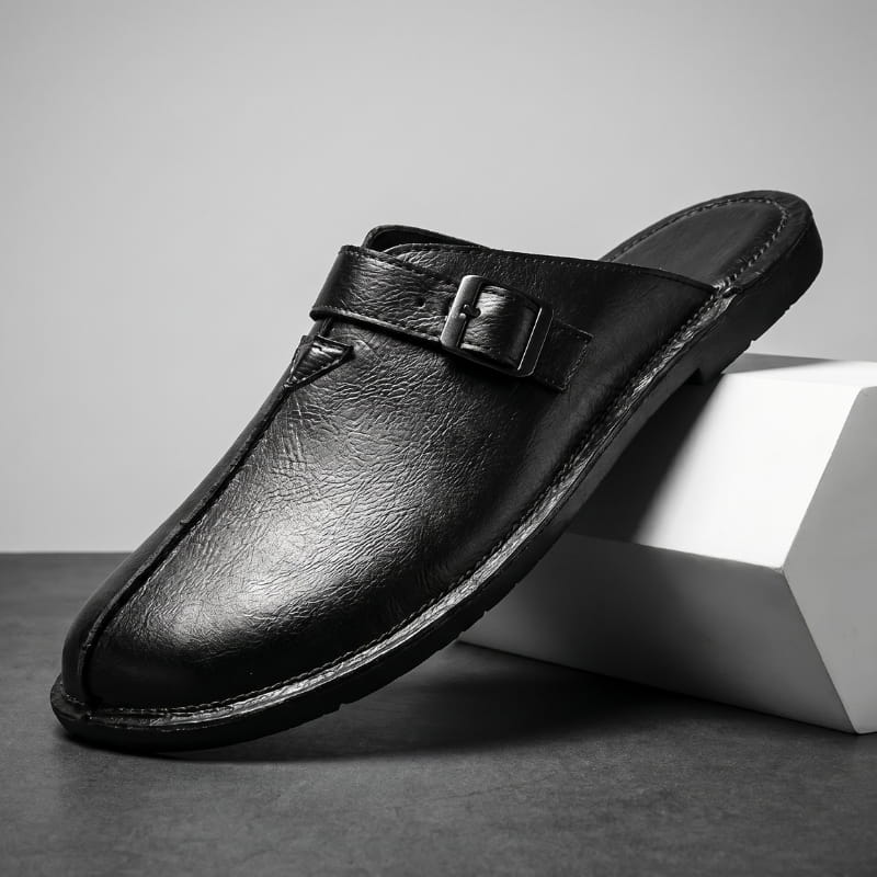 Flavio Supple Leather Mules – Buckle Detail Cushioned Flat Slip-On Footwear