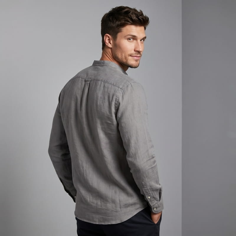 Arman Linen Blend Henley Shirt – Band Collar Roll-Tab Sleeve Relaxed Resort Casual Top