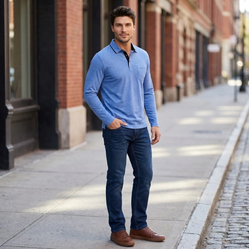 Ciro Cotton Long Sleeve Polo Shirt – Classic Fit Chest Pocket Casual Top