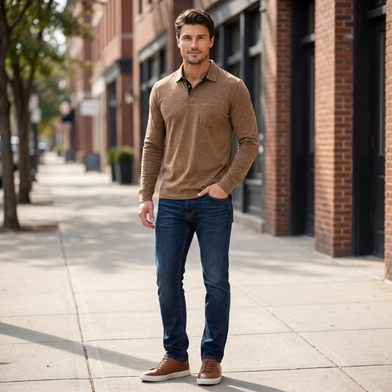 Ciro Cotton Long Sleeve Polo Shirt – Classic Fit Chest Pocket Casual Top