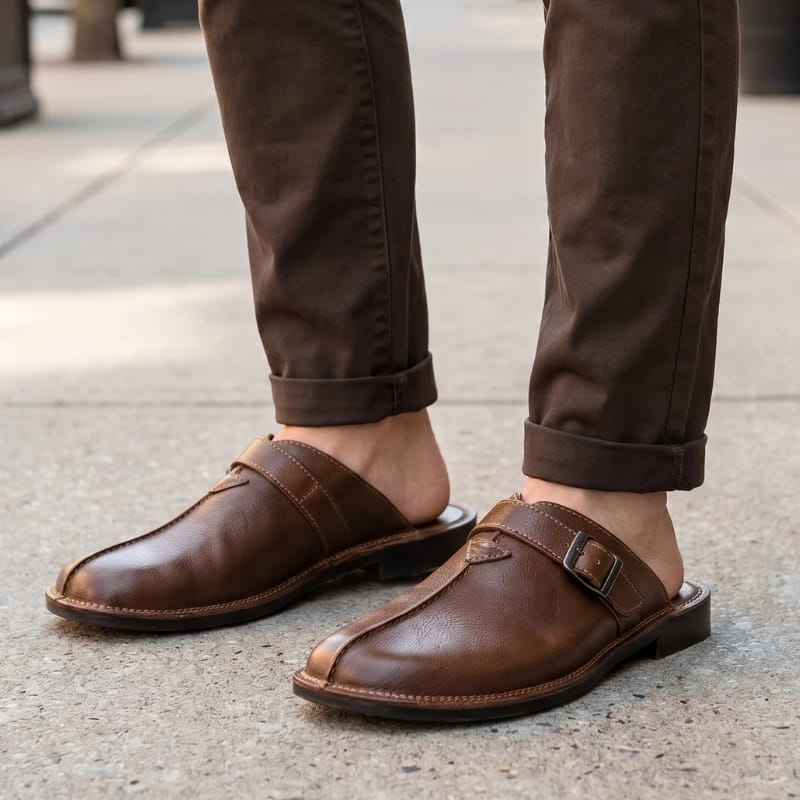 Flavio Supple Leather Mules – Buckle Detail Cushioned Flat Slip-On Footwear