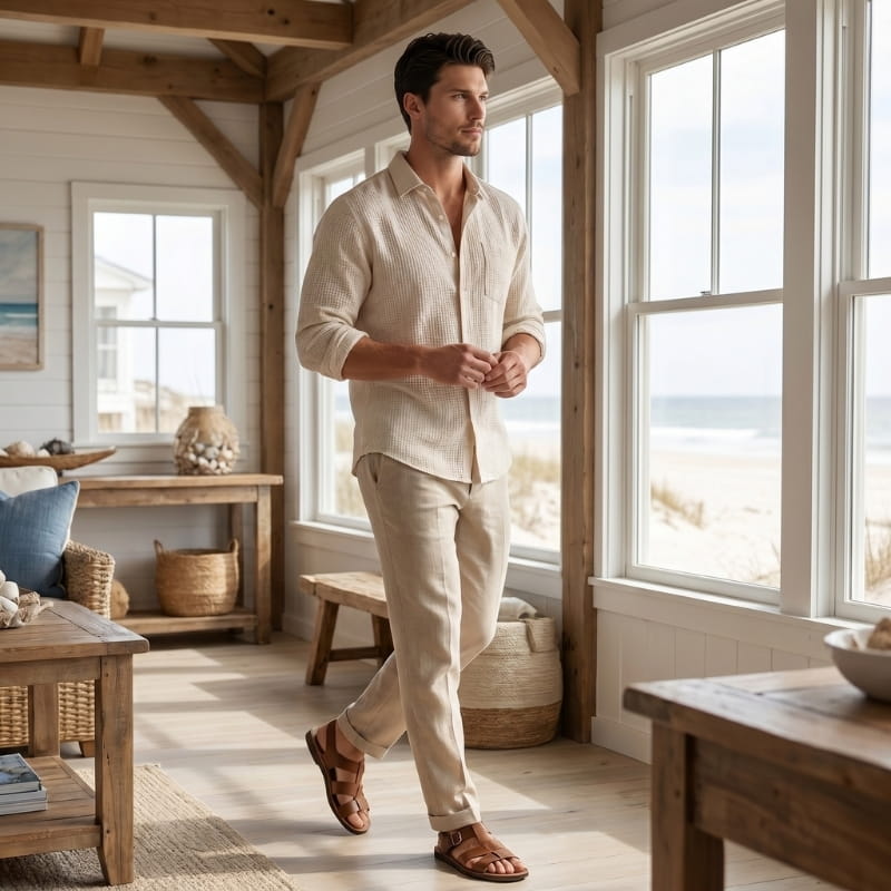 Henry Textured Cotton Linen Shirt – Open Weave Relaxed Fit Long Sleeve Casual Summer Top