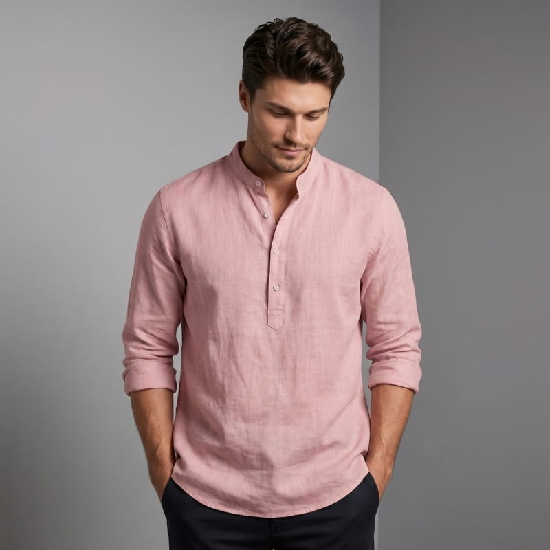 Arman Linen Blend Henley Shirt – Band Collar Roll-Tab Sleeve Relaxed Resort Casual Top