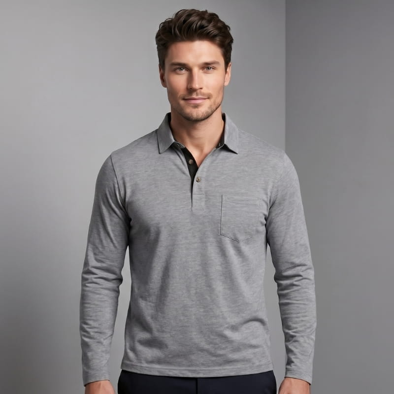 Ciro Cotton Long Sleeve Polo Shirt – Classic Fit Chest Pocket Casual Top