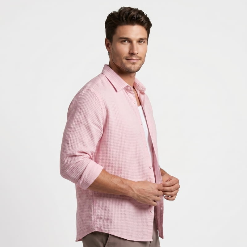 Henry Textured Cotton Linen Shirt – Open Weave Relaxed Fit Long Sleeve Casual Summer Top