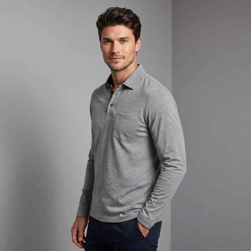 Ciro Cotton Long Sleeve Polo Shirt – Classic Fit Chest Pocket Casual Top