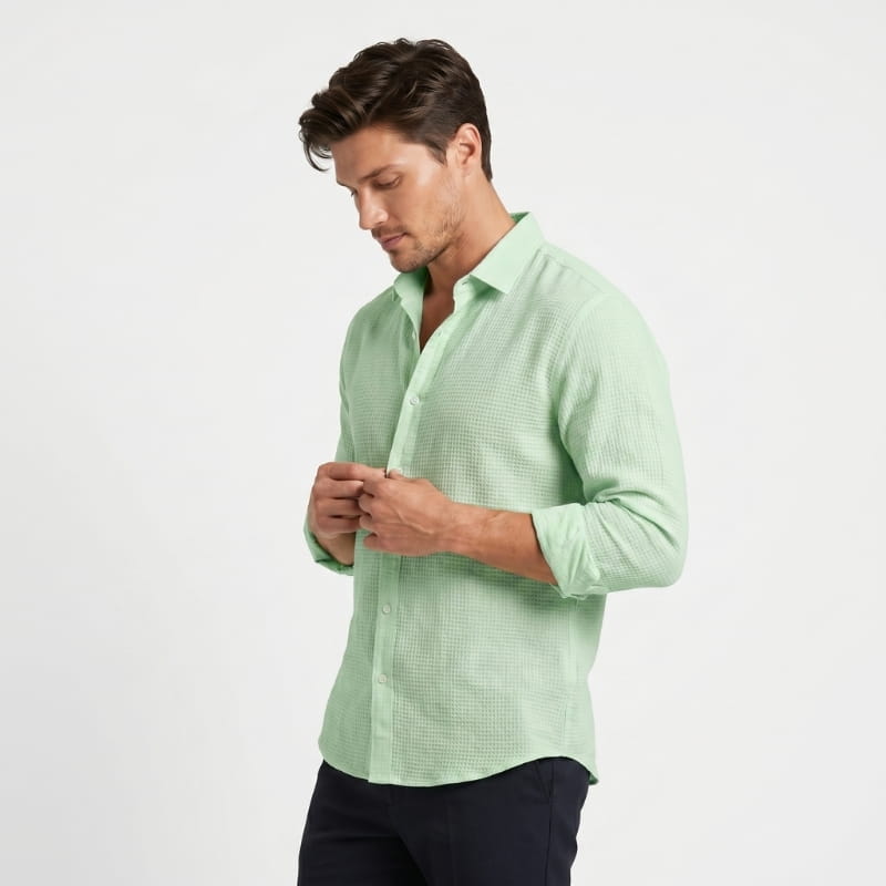 Henry Textured Cotton Linen Shirt – Open Weave Relaxed Fit Long Sleeve Casual Summer Top