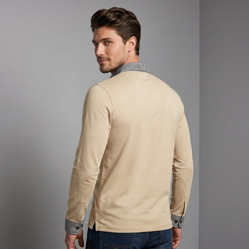 Xavier Cotton Plaid Patchwork Long Sleeve Polo Shirt – Button Collar Chest Pocket Casual Top