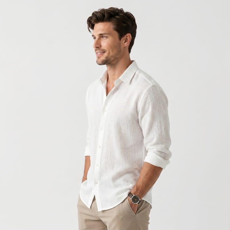 Henry Textured Cotton Linen Shirt – Open Weave Relaxed Fit Long Sleeve Casual Summer Top