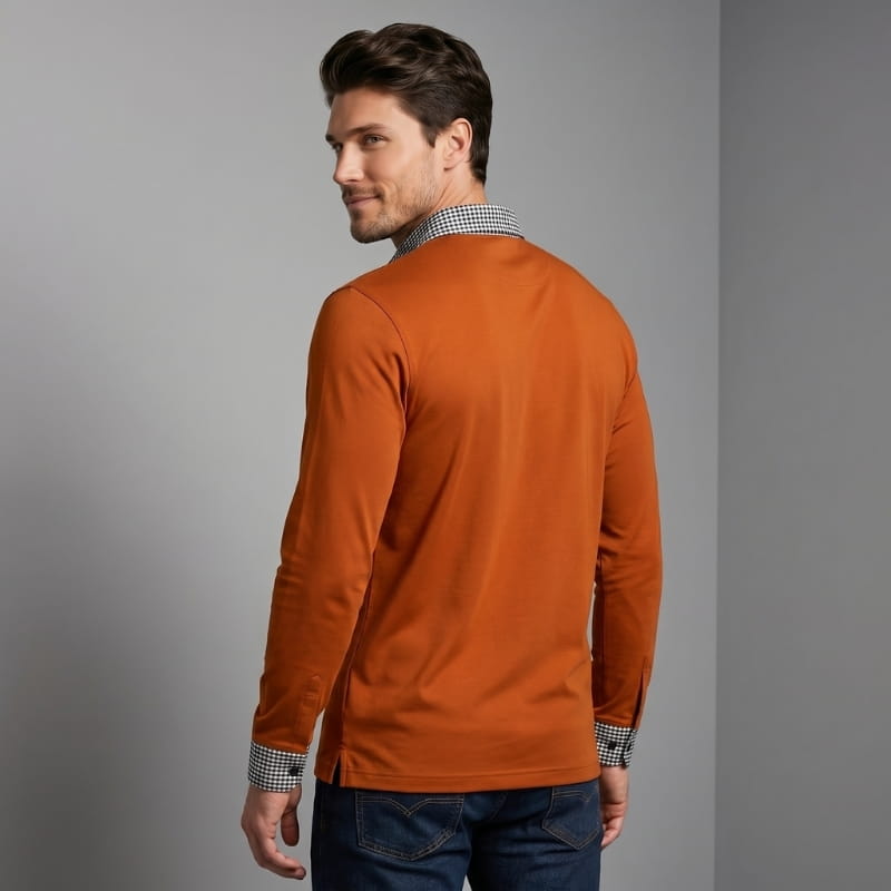 Xavier Cotton Plaid Patchwork Long Sleeve Polo Shirt – Button Collar Chest Pocket Casual Top