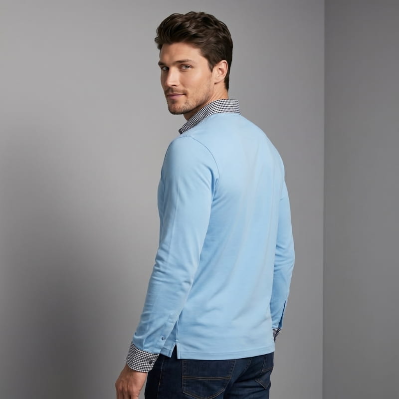 Xavier Cotton Plaid Patchwork Long Sleeve Polo Shirt – Button Collar Chest Pocket Casual Top