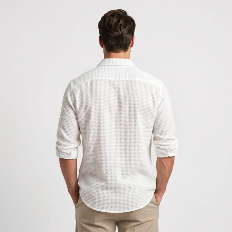 Henry Textured Cotton Linen Shirt – Open Weave Relaxed Fit Long Sleeve Casual Summer Top