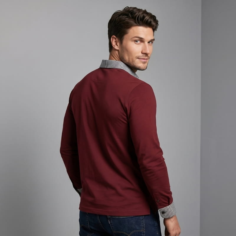 Xavier Cotton Plaid Patchwork Long Sleeve Polo Shirt – Button Collar Chest Pocket Casual Top
