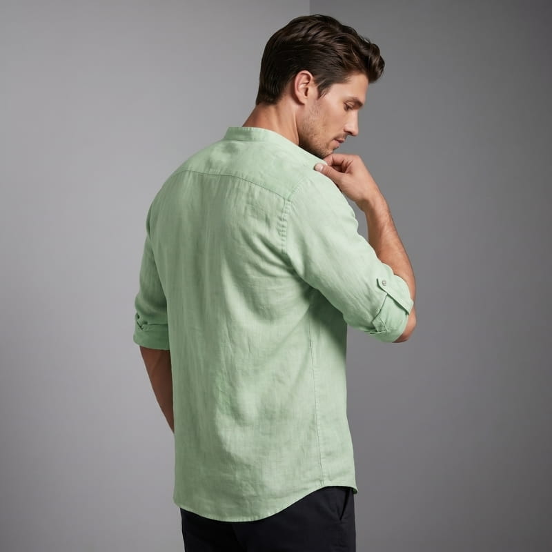 Arman Linen Blend Henley Shirt – Band Collar Roll-Tab Sleeve Relaxed Resort Casual Top